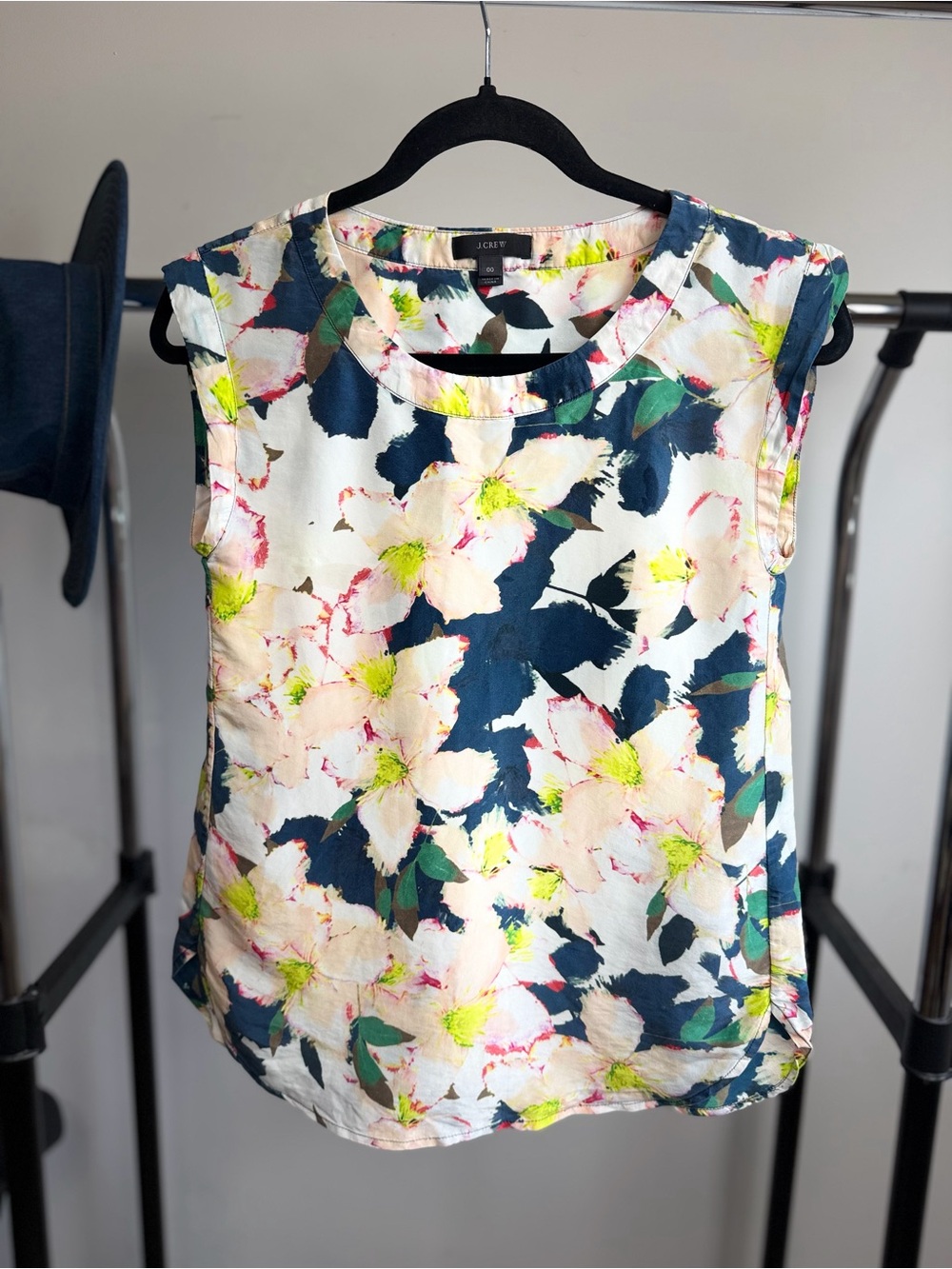 J. Crew Floral Cap-Sleeve Shell Top - White, Navy & Neon Yellow